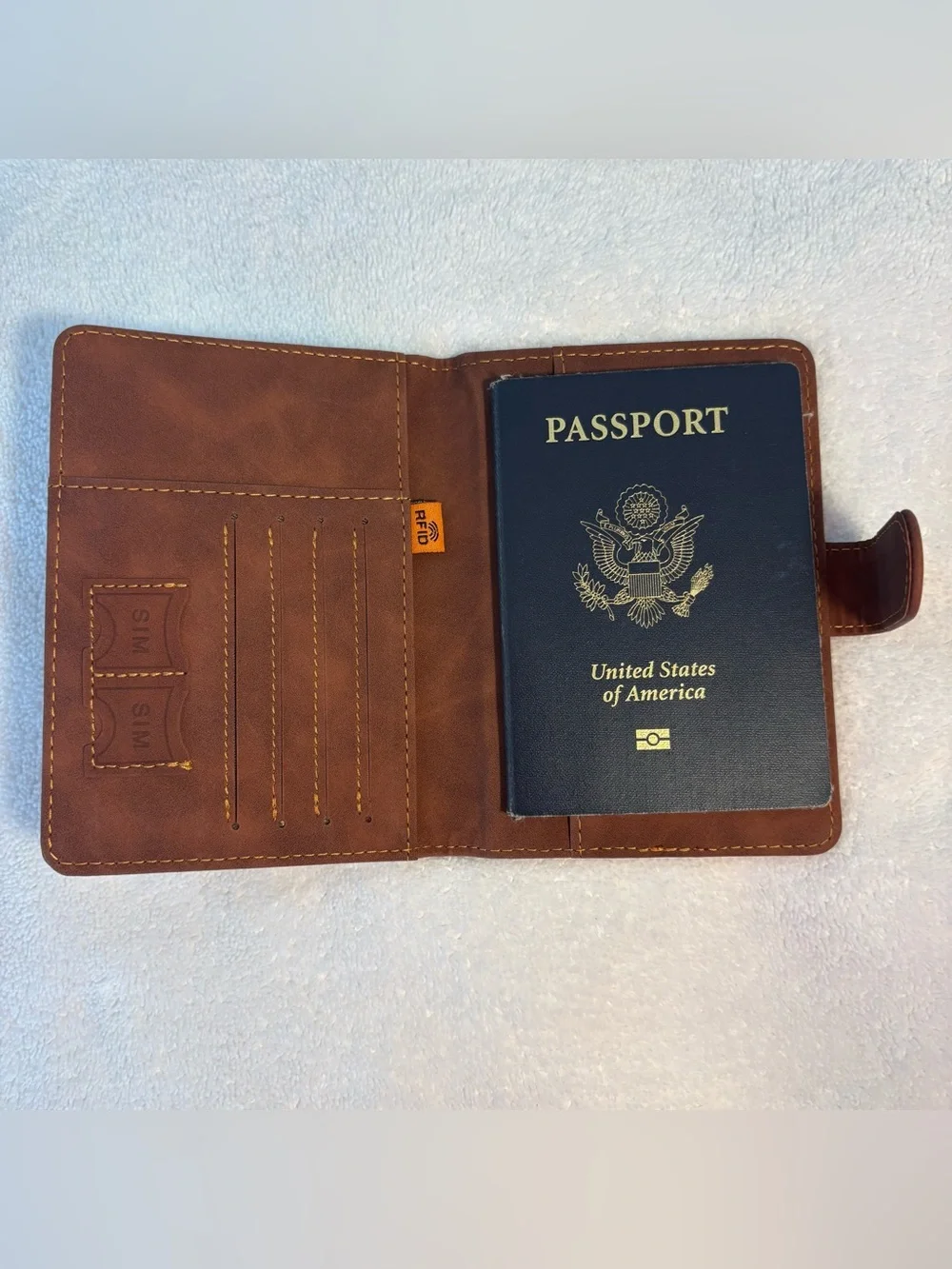 NEW Brown Vegan Leather Slim Passport Holder RFID Blocking Embossed 7 pocket
